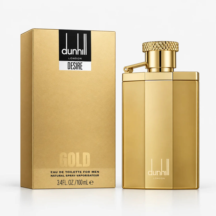 Dunhill Desire Gold Eau de Toilette 100ml – bottle beside its gold Desire box