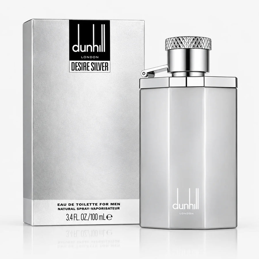 Dunhill Desire Silver Eau de Toilette 100ml – bottle beside its silver Desire Silver box