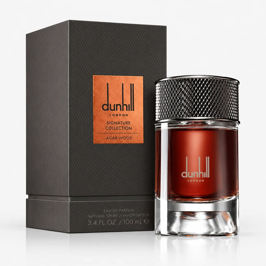 Dunhill Signature Collection Agar Wood Eau de Parfum 100ml – bottle beside its grey Signature Collection box