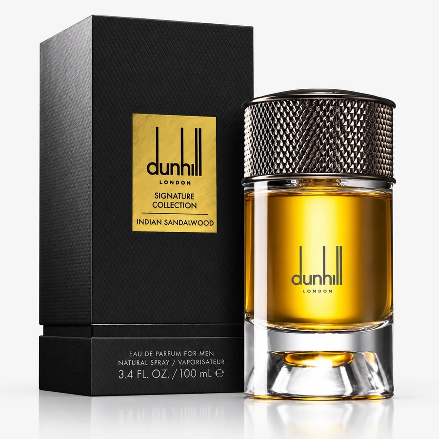 Dunhill Signature Collection Indian Sandalwood Eau de Parfum 100ml – bottle beside its black Signature Collection box