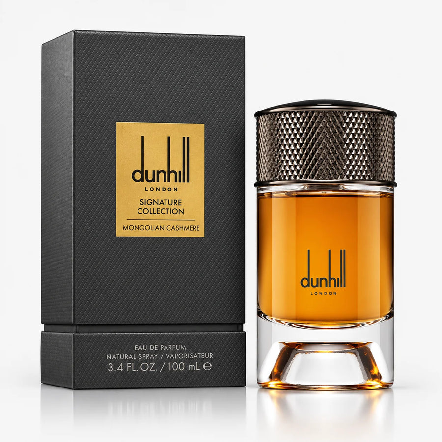 Dunhill Signature Collection Mongolian Cashmere Eau de Parfum 100ml – bottle beside its black Signature Collection box