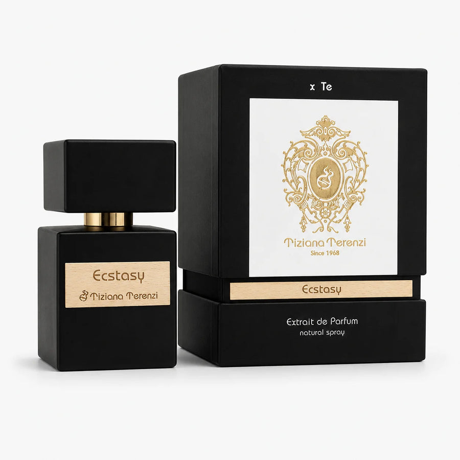 Ecstasy Extrait de Parfum 100ml – bottle beside its black and white gift box