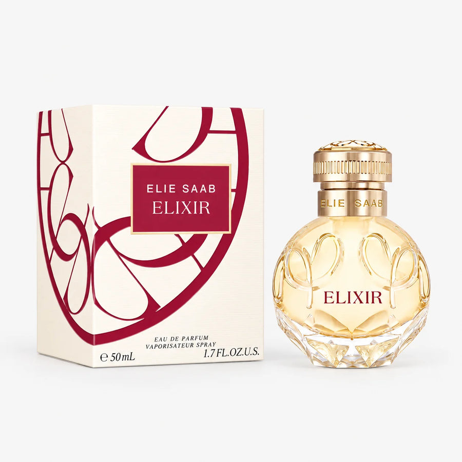 Elie Saab Elixir Eau de Parfum 50ml – 50 ml bottle and cream-and-red box