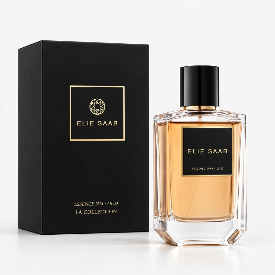Elie Saab La Collection des Essences No. 4 Oud Eau de Parfum 100ml – bottle and black box on a white background