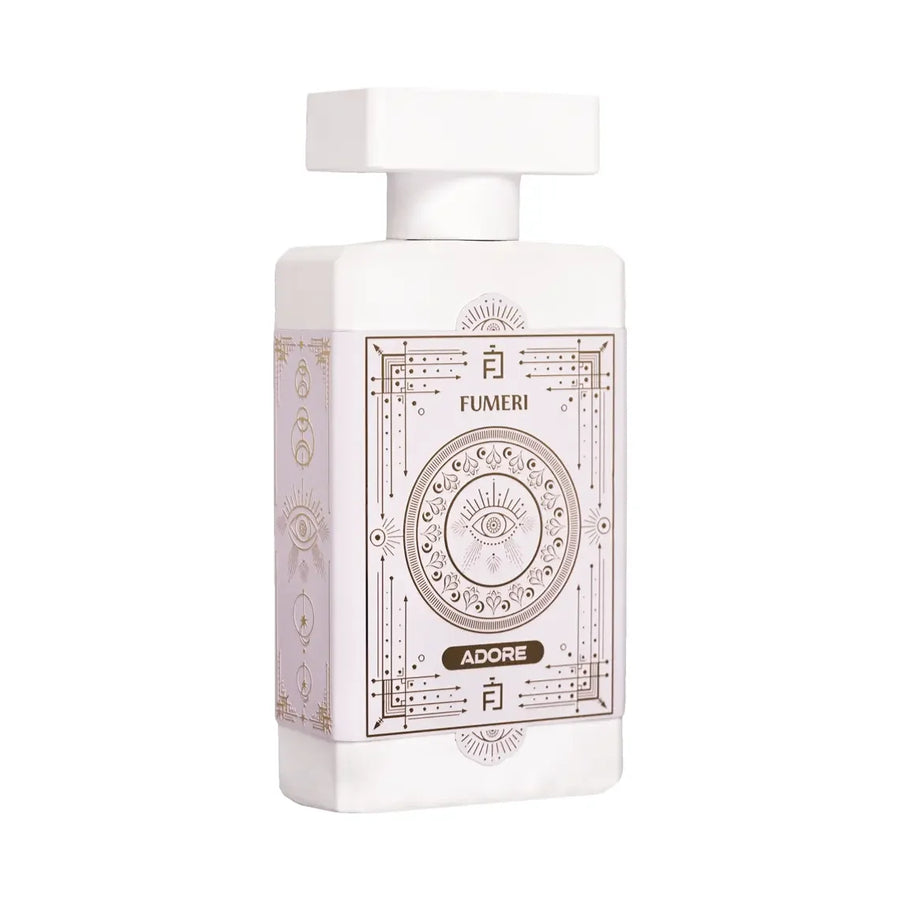 Fumeri Adore Unisex EDP 100ML – lilac and white bottle, angled view showing the side