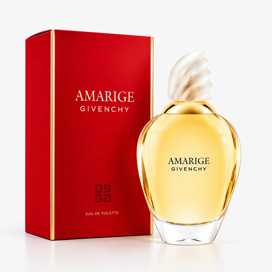 Givenchy Amarige Eau de Toilette 100ml – bottle beside its red Amarige box