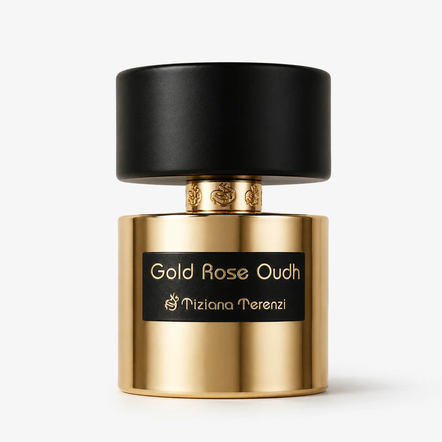 Gold Rose Oudh Extrait de Parfum 100ml – gold bottle with black cap, front view