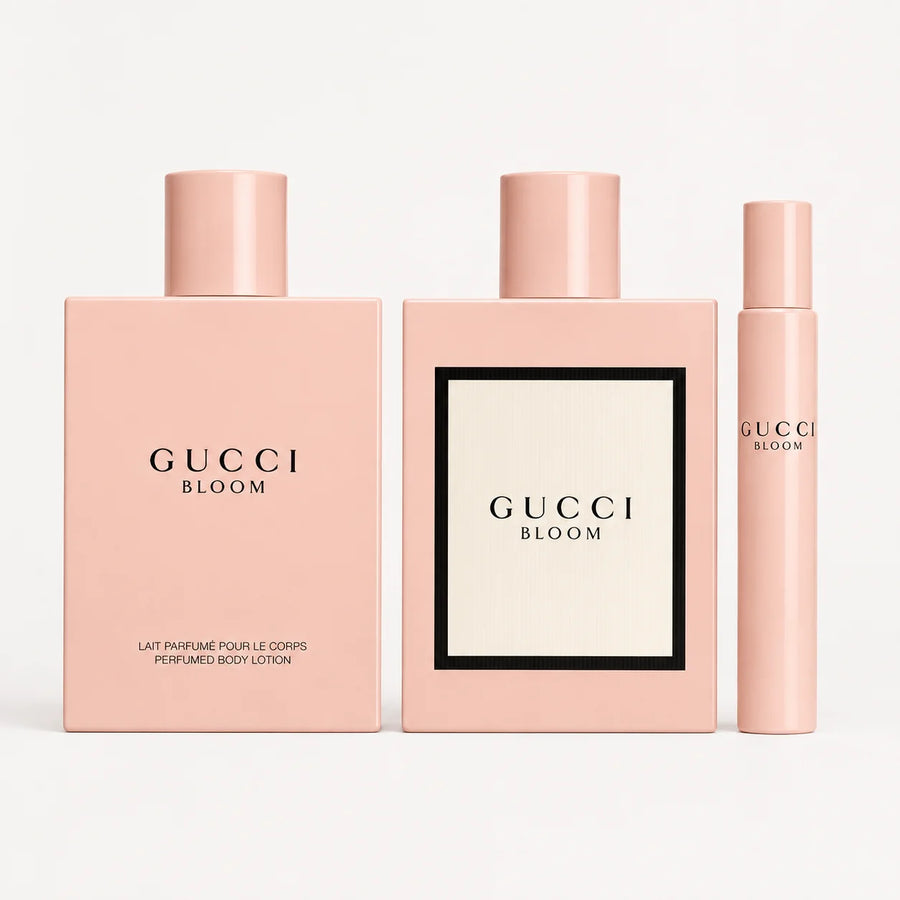 Gucci Bloom Eau de Parfum Gift Set 100ml + 10ml + Body Lotion 100ml – gift set contents: perfume, body lotion and travel spray