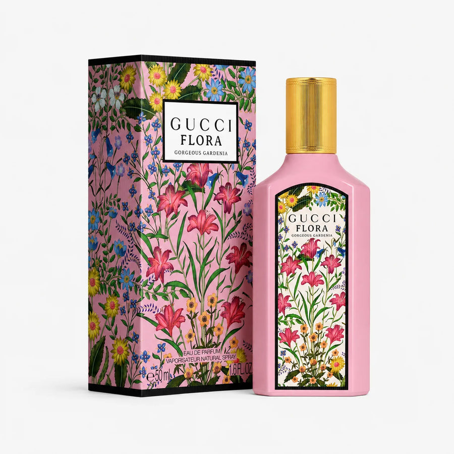 Gucci Flora Gorgeous Gardenia Eau de Parfum 50ml – bottle beside its floral box