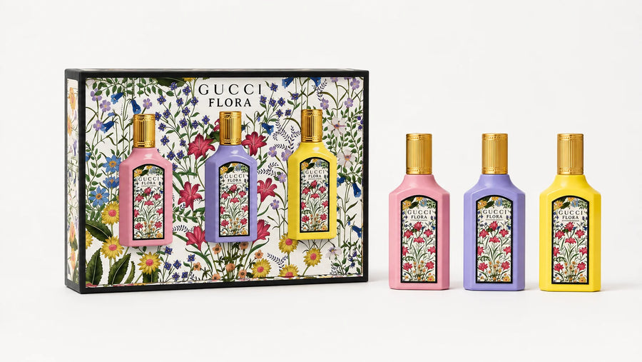 Gucci Flora Gorgeous Miniature Perfume Set 3x5ml – open gift box beside three miniature bottles