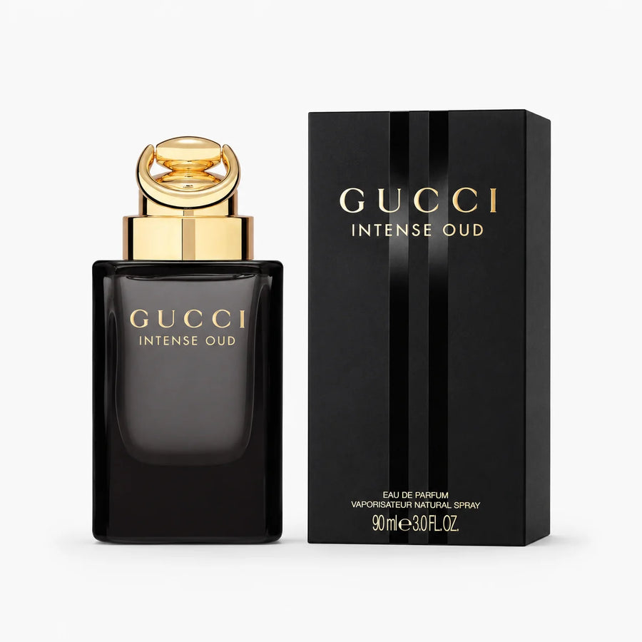 Gucci Intense Oud Eau de Parfum Spray 90ml – bottle beside its black box