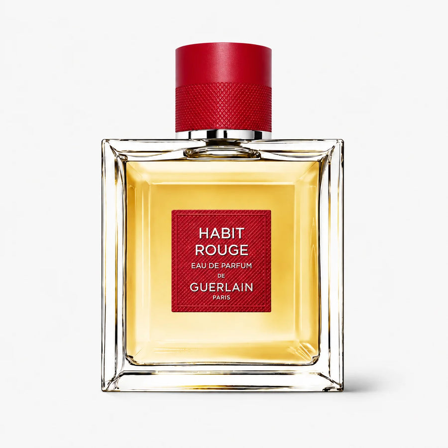 Guerlain Habit Rouge Eau de Parfum 100ml – bottle with red cap, front view on a light background