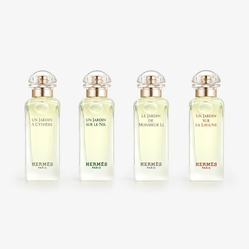 Hermès Miniature EDT Gift Set 4 x 7.5ml Unisex Fragrances – four miniature bottles in a row, front view