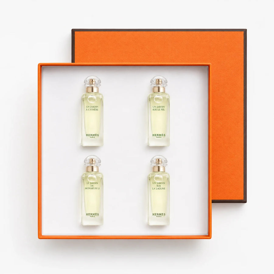 Hermès Miniature EDT Gift Set 4 x 7.5ml Unisex Fragrances – open orange gift box holding four miniatures
