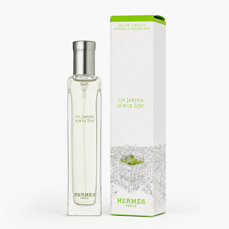 Hermès Un Jardin Sur Le Toit Eau de Toilette 15ml Miniature Unisex Fragrance – bottle beside its white and green gift box