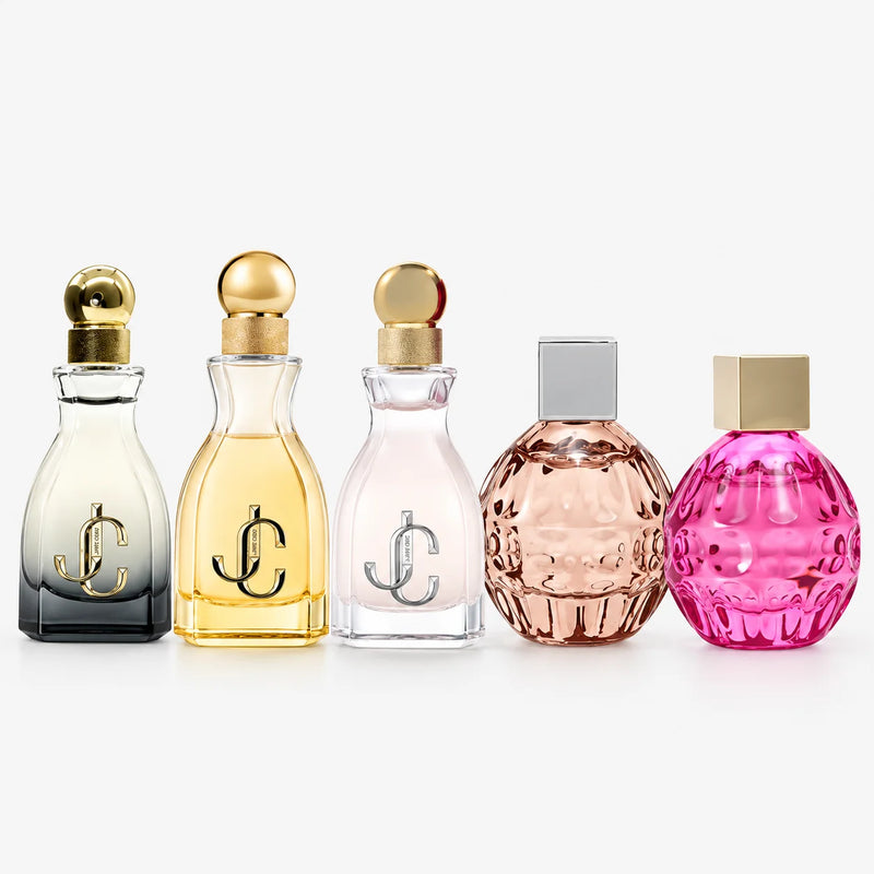 Jimmy Choo Women’s Miniature Fragrance Gift Set 5x4.5ml – five miniature bottles in a row, front view