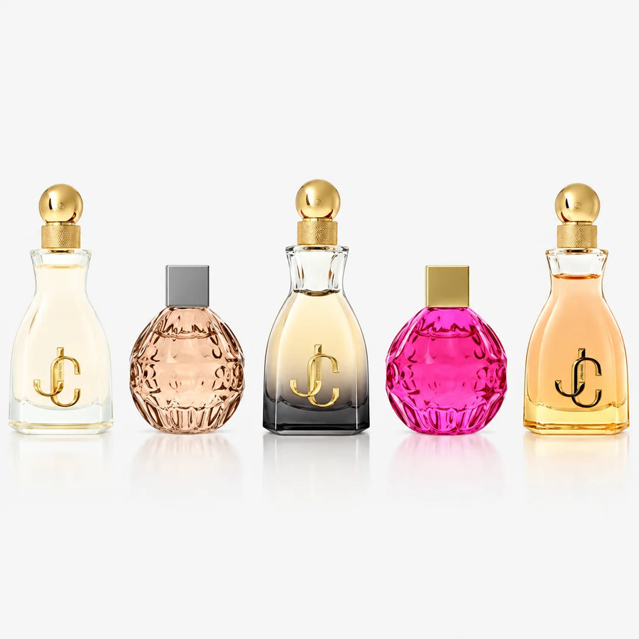 Jimmy Choo Women’s Miniature Fragrance Gift Set 5x4.5ml – five miniatures on a white background, spaced out