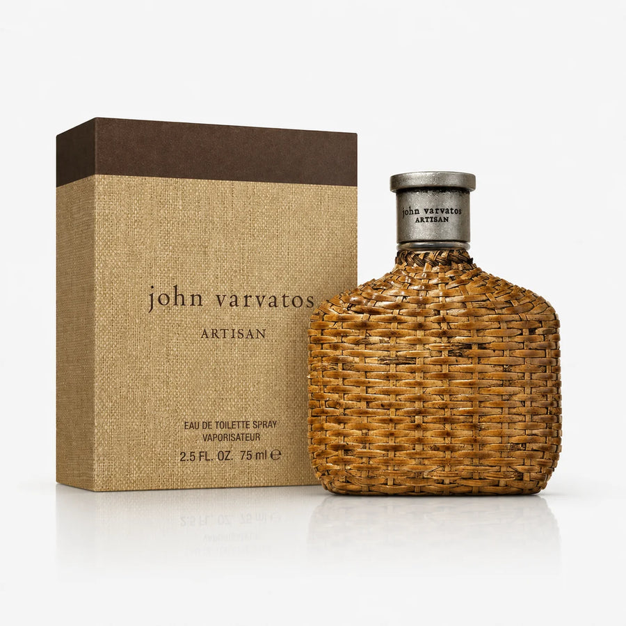 John Varvatos Artisan Eau de Toilette 75ml – bottle beside its linen-textured box