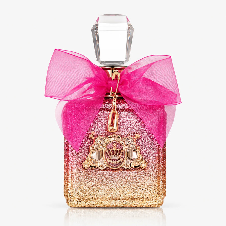 Juicy Couture Viva La Juicy Rosé Eau de Parfum – 100 ml glitter bottle with pink bow, front view