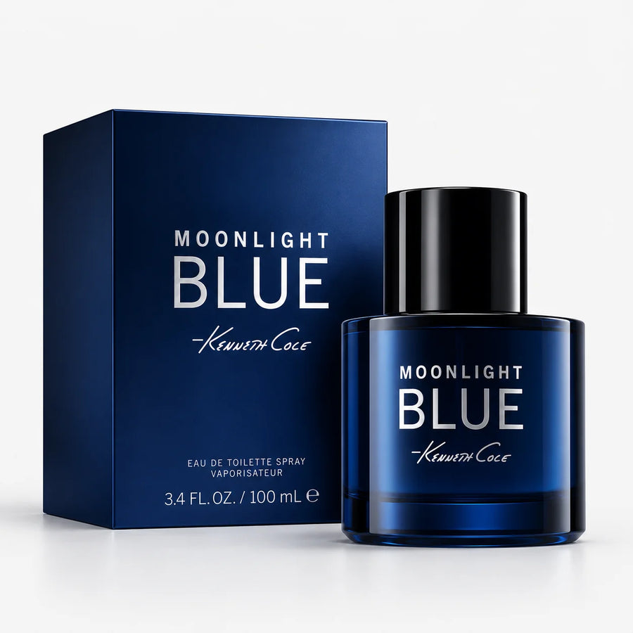 Kenneth Cole Moonlight Blue Eau de Toilette 100ml – 100 ml bottle beside its blue box