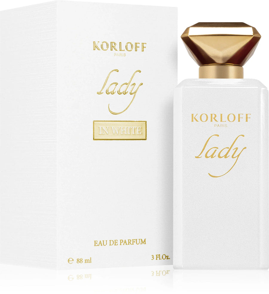 Korloff In White Eau De Toilette 88ML – bottle beside its white box