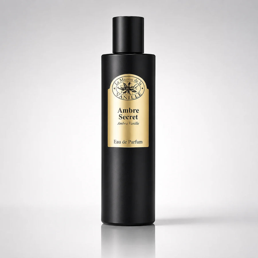 La Maison de la Vanille Ambre Secret Eau de Parfum 100ml – black bottle with gold label, front view