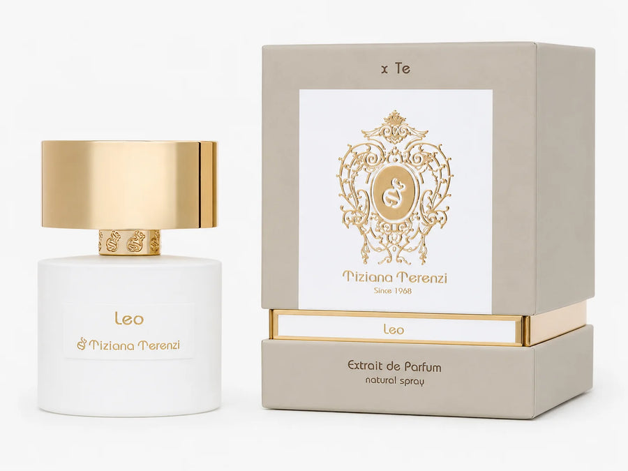 Leo Extrait de Parfum 100ml – bottle beside its grey and white gift box
