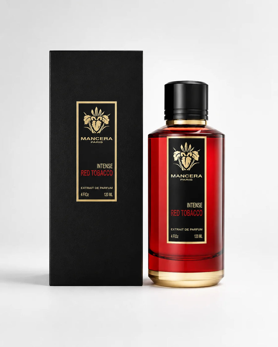 Mancera Intense Red Tobacco Extrait de Parfum 120ml – bottle and black box on a white background