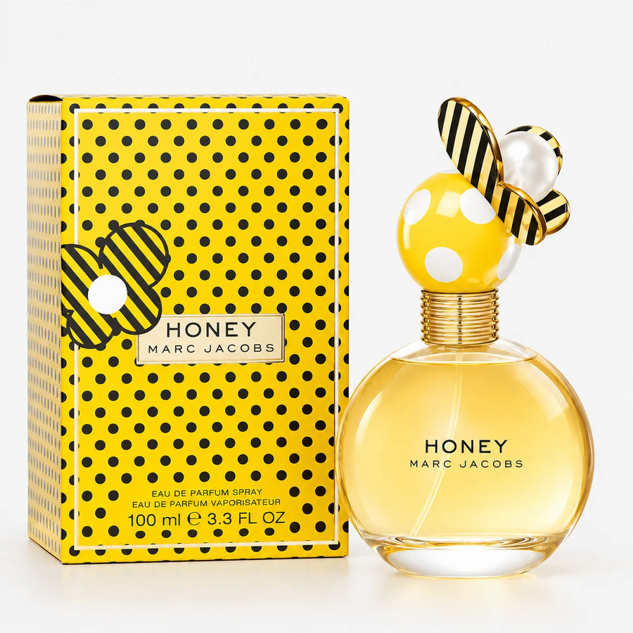 Marc Jacobs Honey Eau de Parfum 100ml – 100 ml bottle beside the polka-dot box