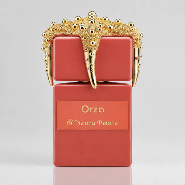 Orza Extrait de Parfum Linea TT 100ml – coral bottle with gold starfish cap, front view