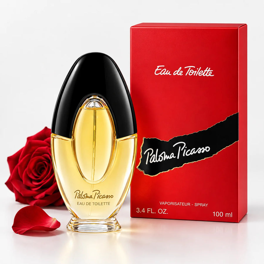 Paloma Picasso Eau de Toilette 100ml – 100 ml bottle beside its red box with a rose