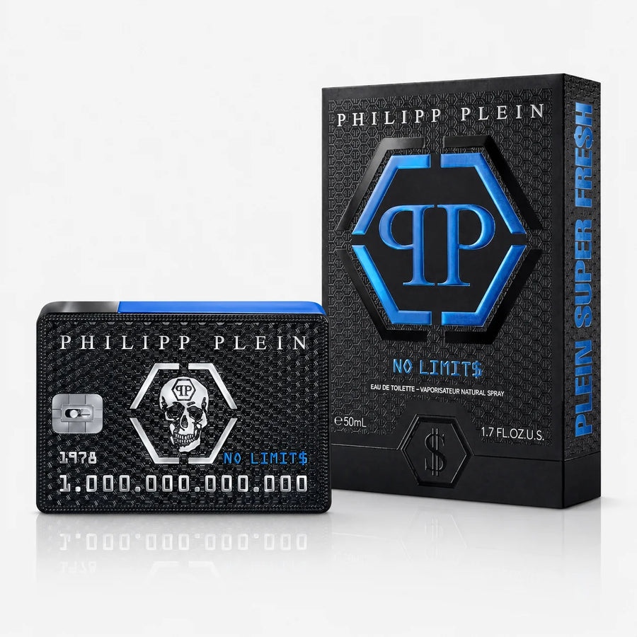 Philipp Plein No Limits Super Fresh Eau de Toilette 50ml – bottle beside its black and blue box