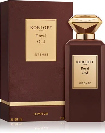 Royal Oud Korloff Paris Eau De Parfum 88ML – bottle beside its burgundy and gold box