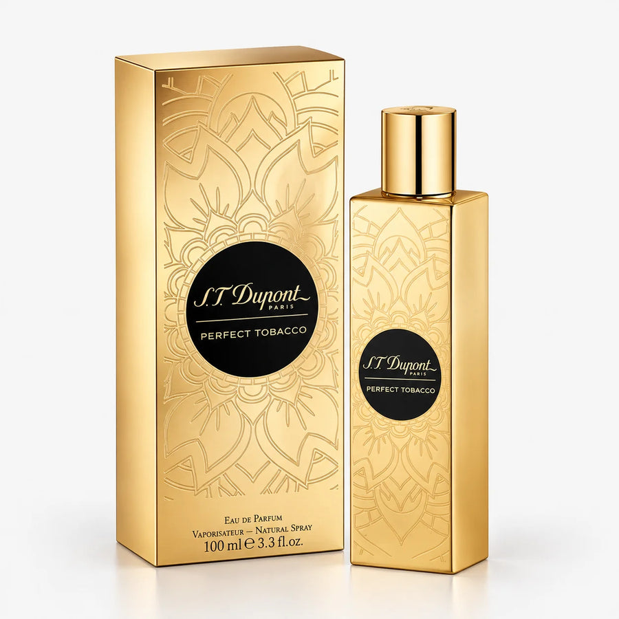 S.T. Dupont Perfect Tobacco Eau de Parfum 100ml – bottle beside its gold 100 ml box