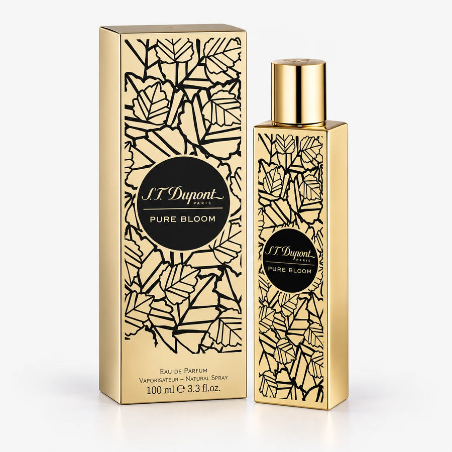 S.T. Dupont Pure Bloom Eau de Parfum 100ml – bottle beside its gold 100 ml box