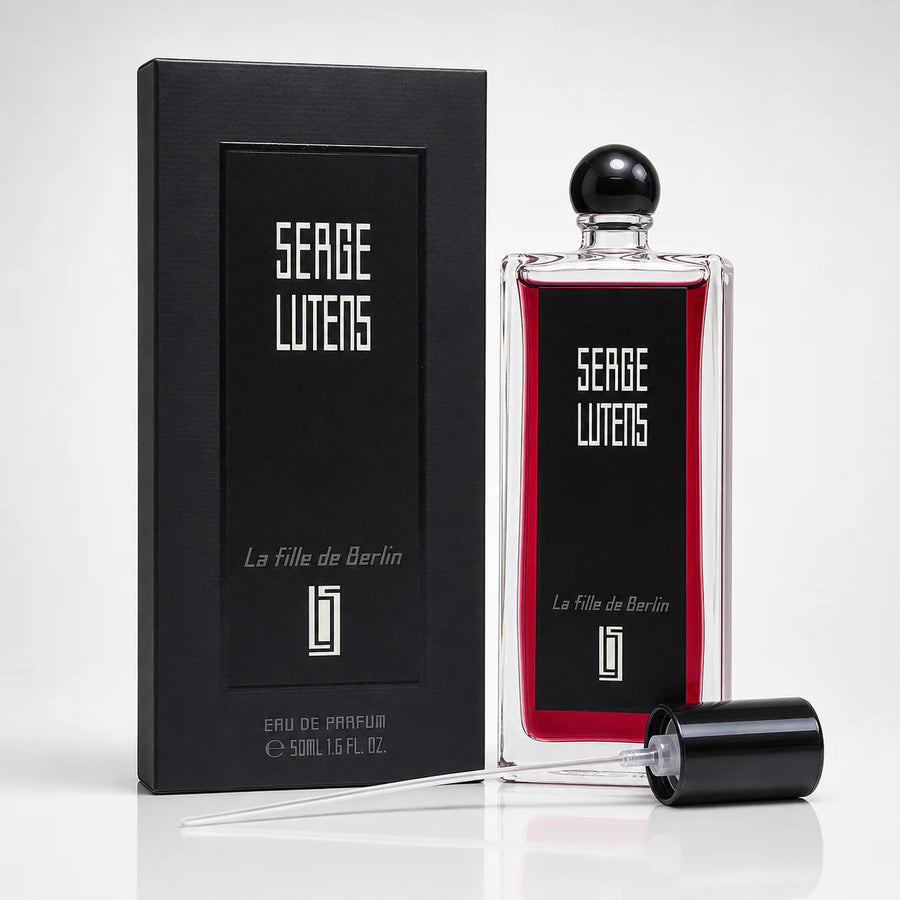 Serge Lutens La Fille de Berlin Eau de Parfum 50ml – bottle beside its black box with cap removed