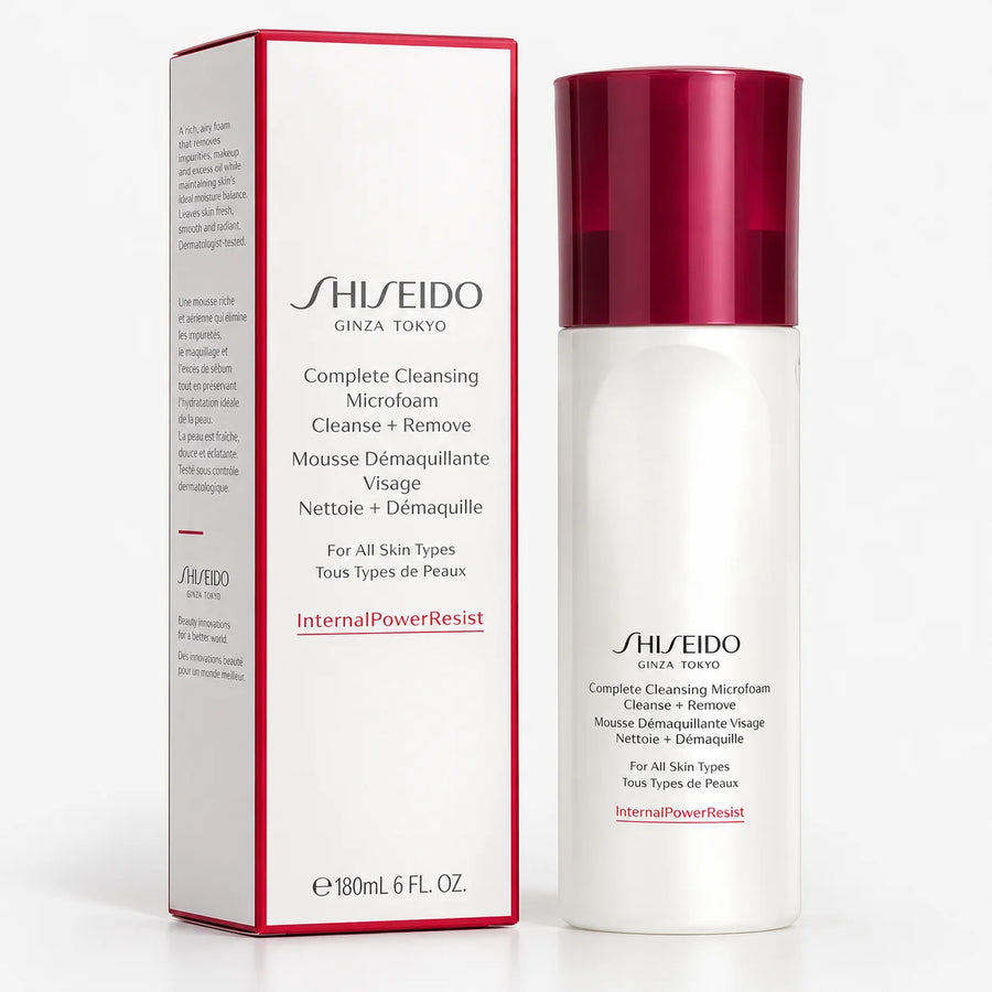 Shiseido Complete Cleansing Microfoam 180ml – bottle beside its white and red box marked 180 ml