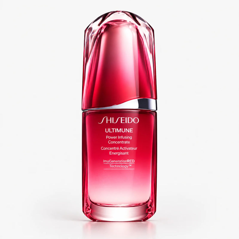 Shiseido Ultimune Power Infusing Concentrate Face Serum 30ml – red glass dropper bottle, front view