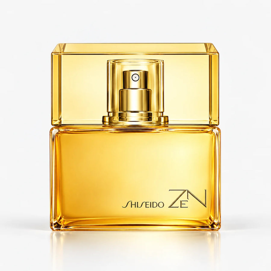 Shiseido Zen Eau de Parfum 100ml – square gold glass bottle, front view