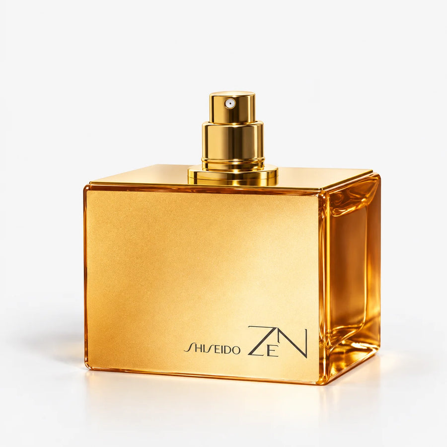 Shiseido Zen Eau de Parfum 100ml – gold bottle with the spray uncapped, angled view
