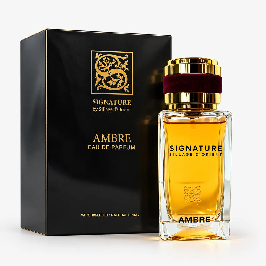 Signature Ambre Eau De Parfum 100ml+15ml+Funnel (UNISEX) – bottle beside its black gift box