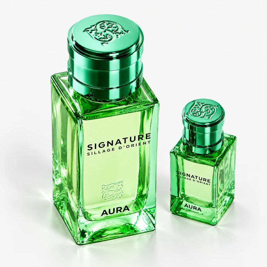 Signature Aura EDP 100ML+15ML Refillable Travel Spray – green bottle and travel spray, close view