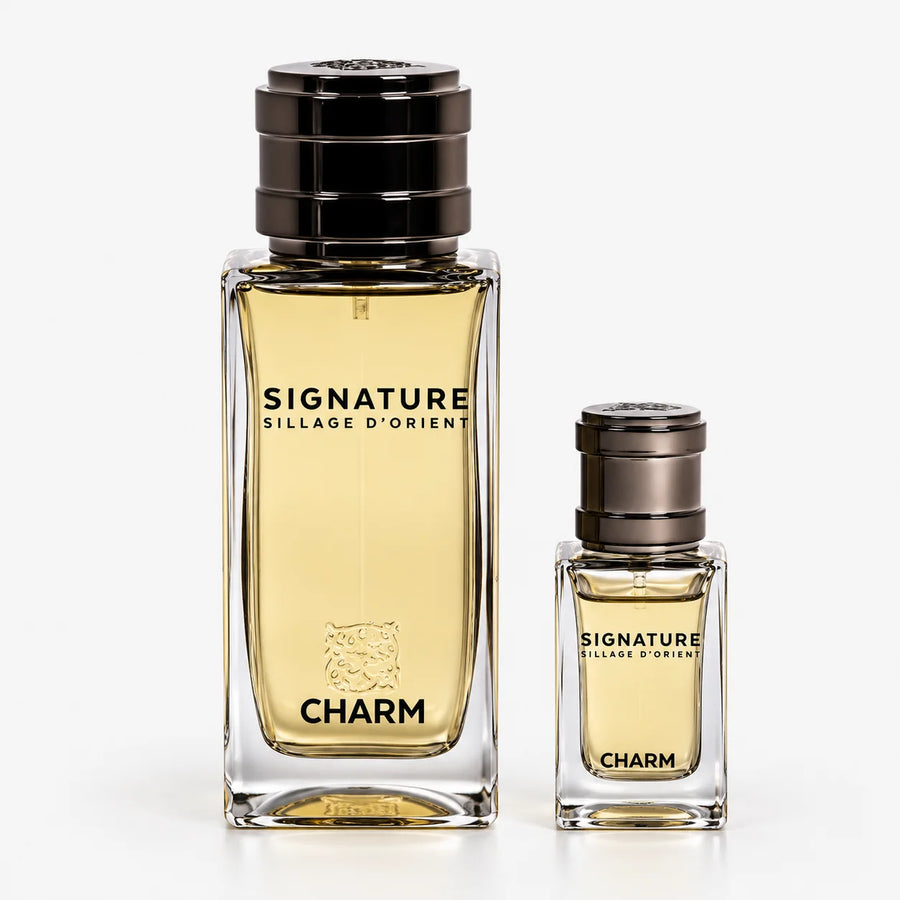 Signature Charm EDP 100ML+15ML Refillable Travel Spray – 100 ml bottle and 15 ml travel spray, front view