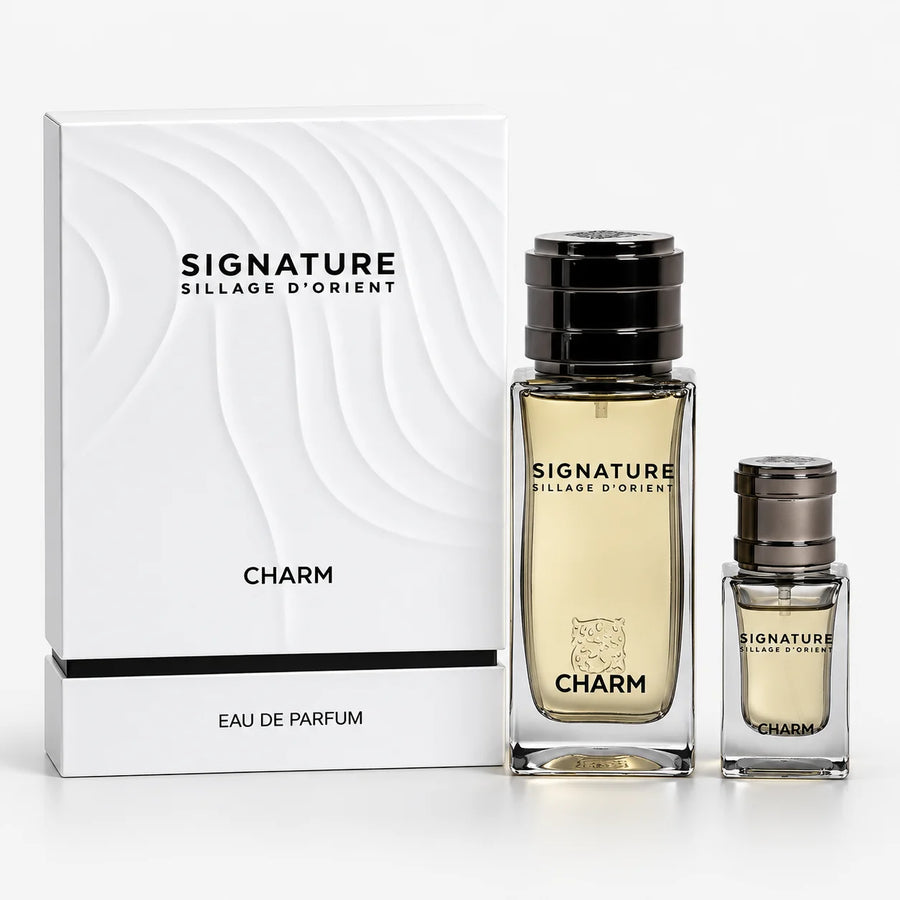 Signature Charm EDP 100ML+15ML Refillable Travel Spray – bottle and travel spray beside the white gift box