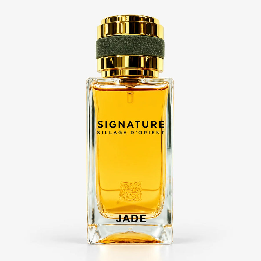 Signature Jade 100ml Edp + 15ml Travel Spray – amber glass bottle with green collar, front view