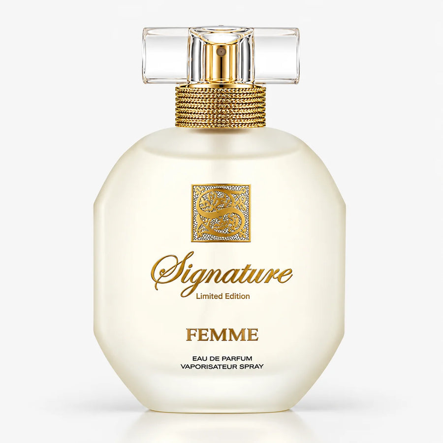 Signature Le Femme Gold 100ml EDP Spray – frosted white bottle with gold collar, front view
