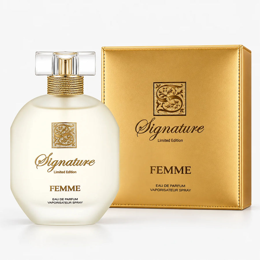 Signature Le Femme Gold 100ml EDP Spray – bottle beside its gold gift box