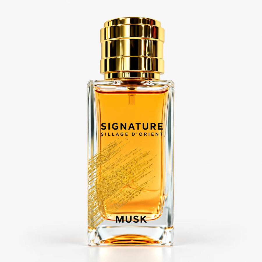 Signature Musk Eau De Parfum 100ml+15ml+Funnel (UNISEX) – amber glass bottle with gold cap, front view