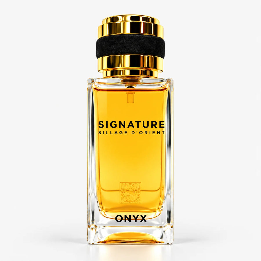 Signature Onyx Eau De Parfum 100ml+15ml+Funnel (UNISEX) – amber glass bottle with black collar, front view