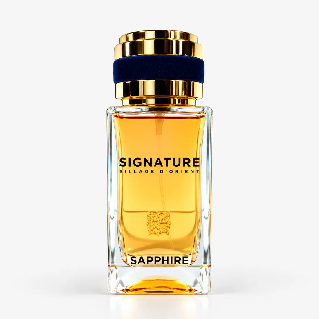 Signature Sapphire Eau De Parfum 100ml+15ml+Funnel (UNISEX) – amber glass bottle with navy collar, front view